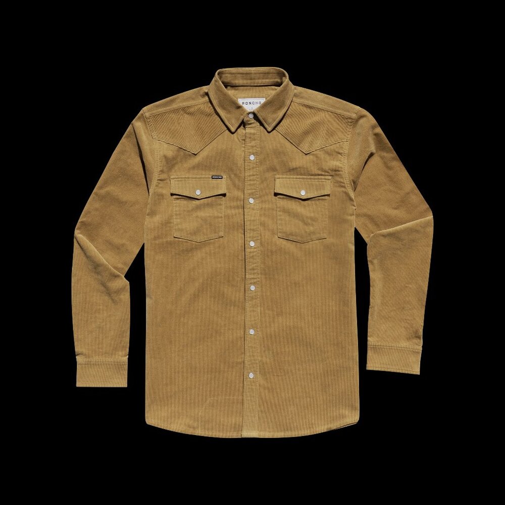 “The Enfield” Poncho Western Pearl Snap Button-Down Cord Shirt (Size S, Camel)